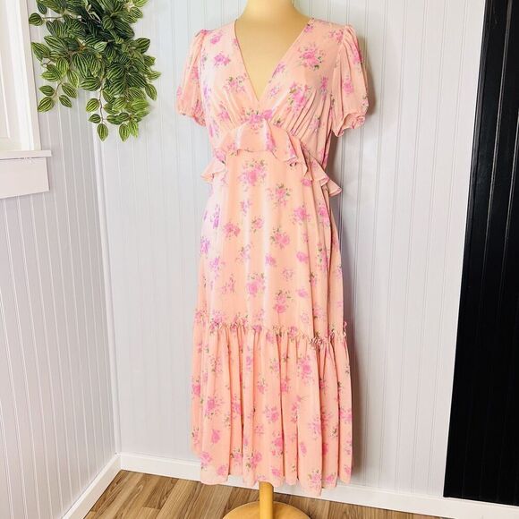 LoveShackFancy Dresses & Skirts - Love Shack Fancy Sz 10 Target Fleur Pink Floral Ruffled Midi Dress Boho 0834